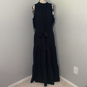 NWT Anne Klein Tie-Neck Tiered Sleeveless Maxi Dress Navy Size 12
